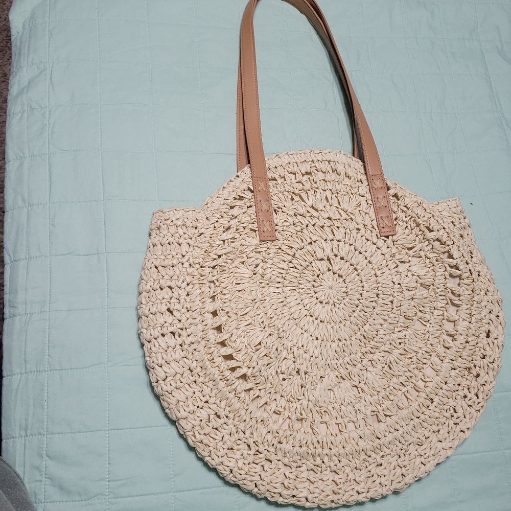 Circle Straw Tote Bag With Strap Handles